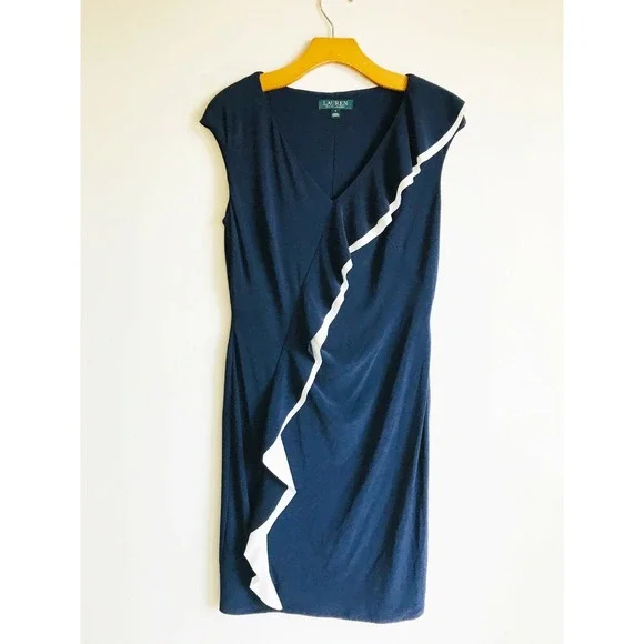 NWT Lauren Ralph Lauren Women Navy/White Midge‎ Two Tone Ruffle Sheath Dress sz6 - Picture 7 of 9